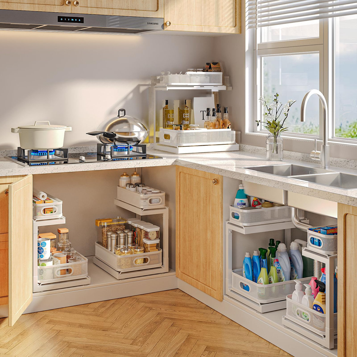 2-Pack Under Sink Storage Organizer With 2-Tier Slide Out Drawer, Sophisticated Mesh Pull Out Shelf For Kitchen & Bathroom